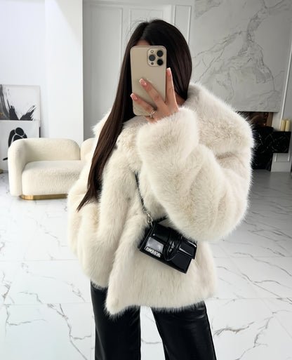 Women's Elegant V-Neck Faux Fur Coat - Solid Color Winter