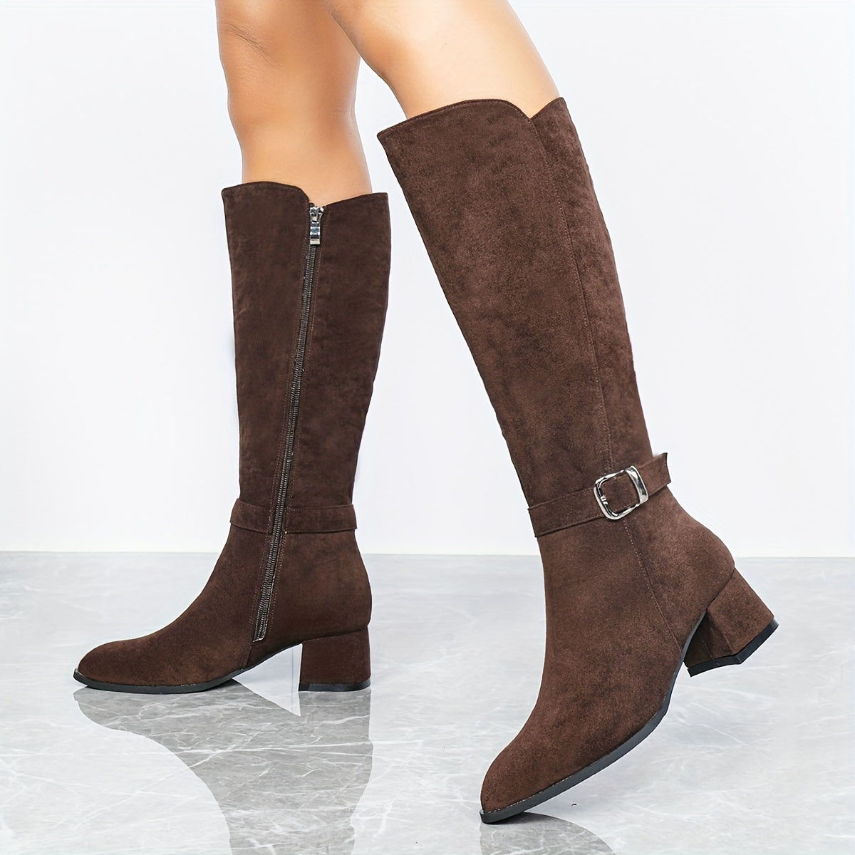 Women's Chunky Heeled Velvet Knee Boots - Side Zipper Knight