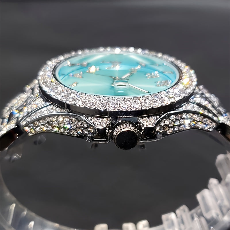 MISSFOX Luxury Couples' Quartz Watch - Ice Blue Rhinestone Luminous