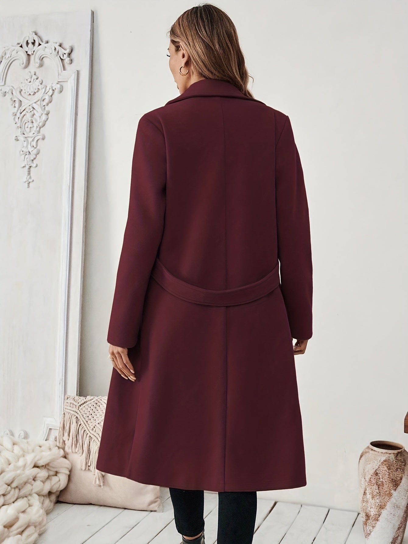 Women's Suit Collar Two-Tone Belted Long Coat - Elegant H-Line