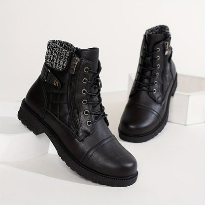 Women's Boots - Chunky Heel Lace-Up Side Zipper