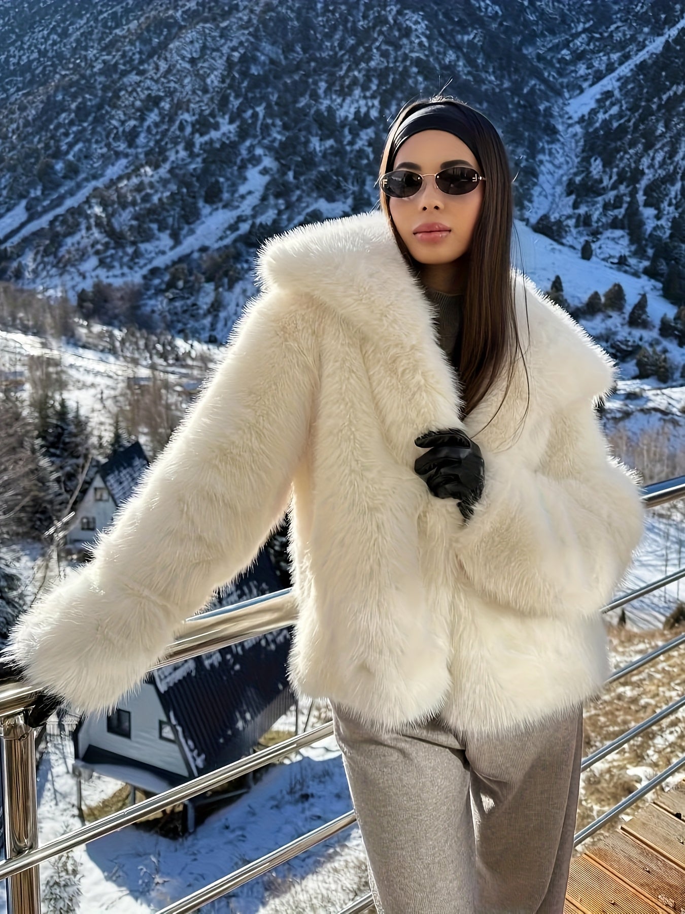 Women's Elegant V-Neck Faux Fur Coat - Solid Color Winter