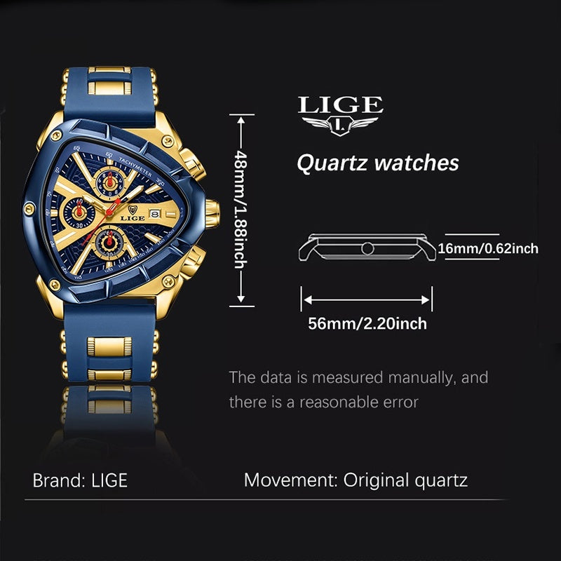 LIGE Men's Quartz Watch - Minimalist Triangle Dial World Time