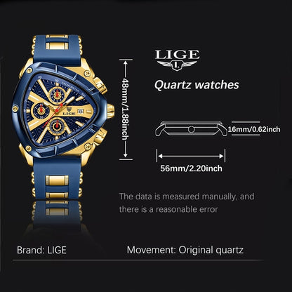 LIGE Men's Quartz Watch - Minimalist Triangle Dial World Time