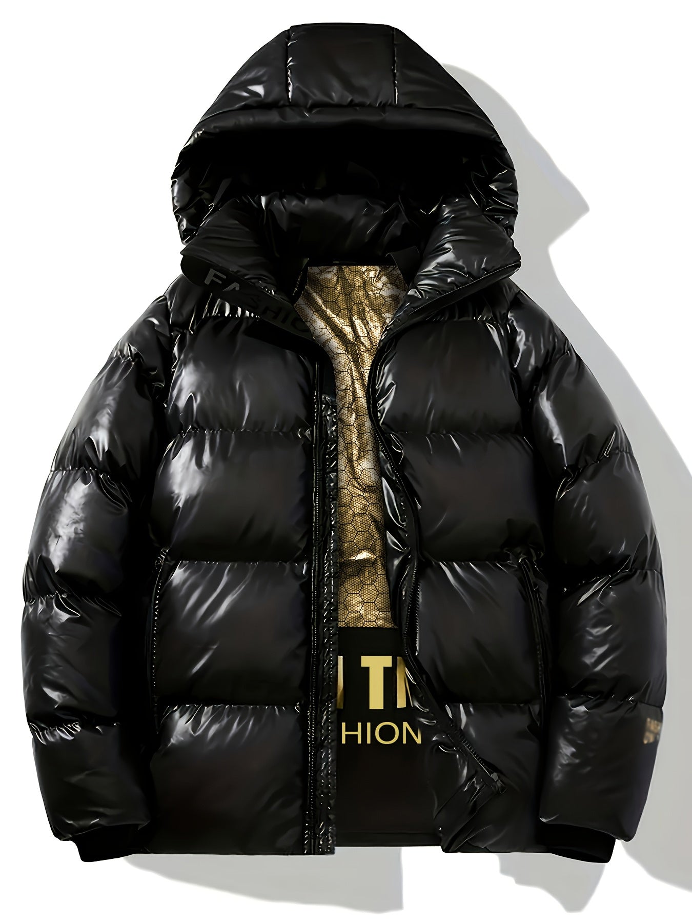 Men'S Heavyweight Winter Coat - Thick Insulated Hooded Jacket with Full-Zip Closure, Loose Fit Long Sleeve Outerwear for Cold Weather, Front Pockets - Black & Golden, Casual Formal Wear, Winter Jacket, Seasonal Fashion, Styli