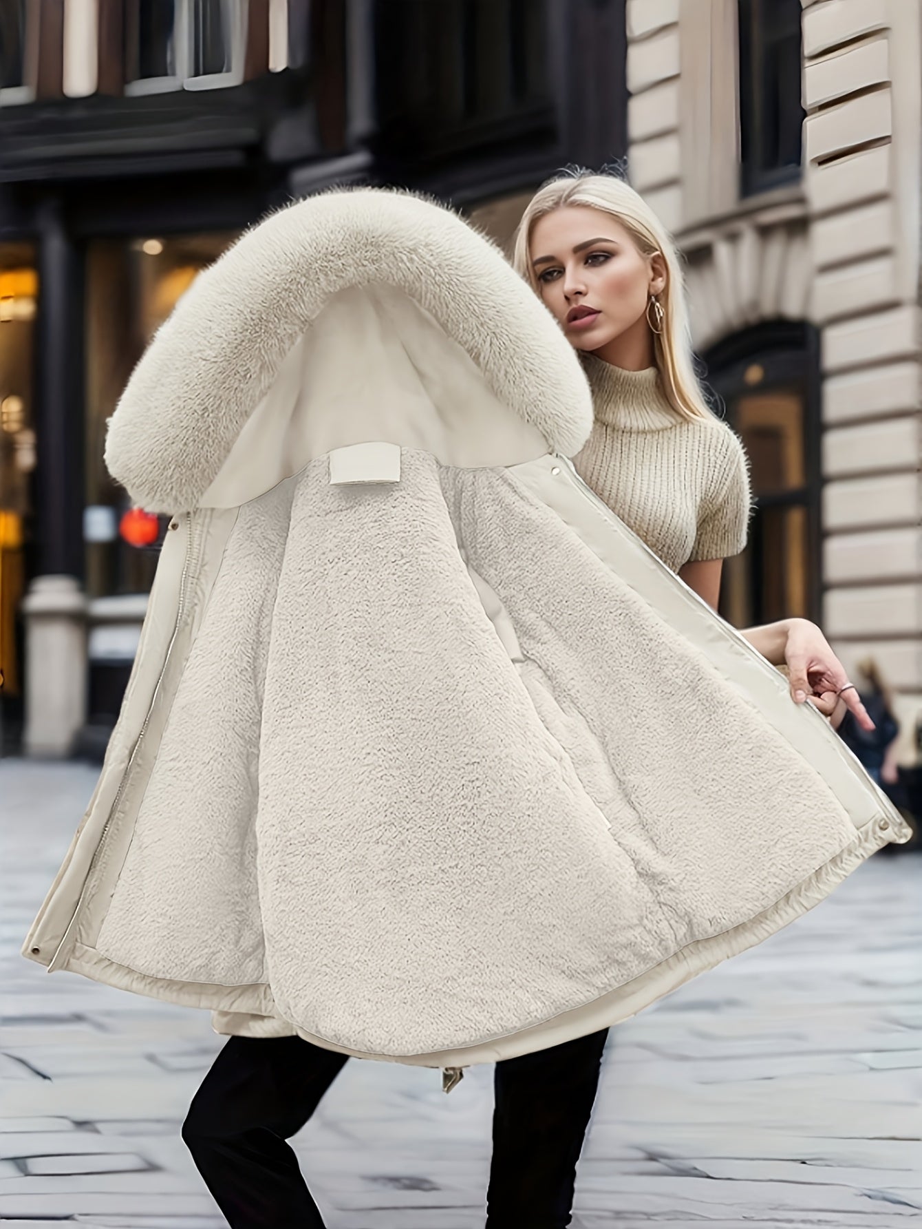 Women's Winter Fleece-Lined Thermal Coat - Full-Zip A-Line Hood