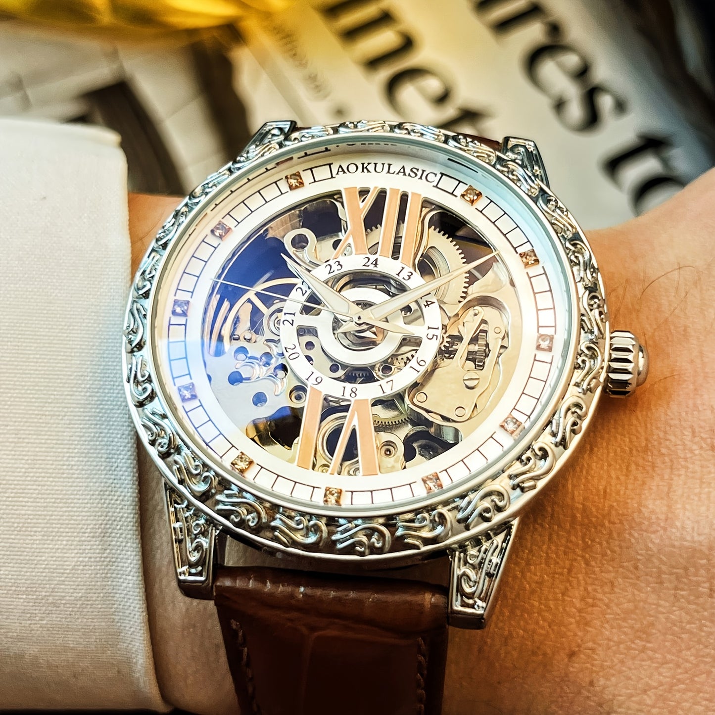 AOKULASIC Men's Luxury Tourbillon Skeleton Automatic Watch