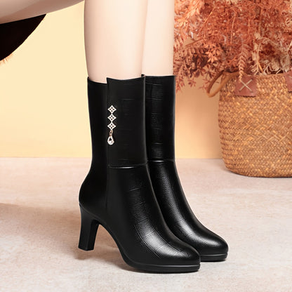 Women's Fleece-Lined Mid-Calf Boots - Rhinestone