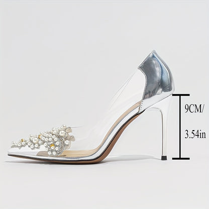 Transparent Pearl-Embellished Pointed-Toe Stiletto Heels