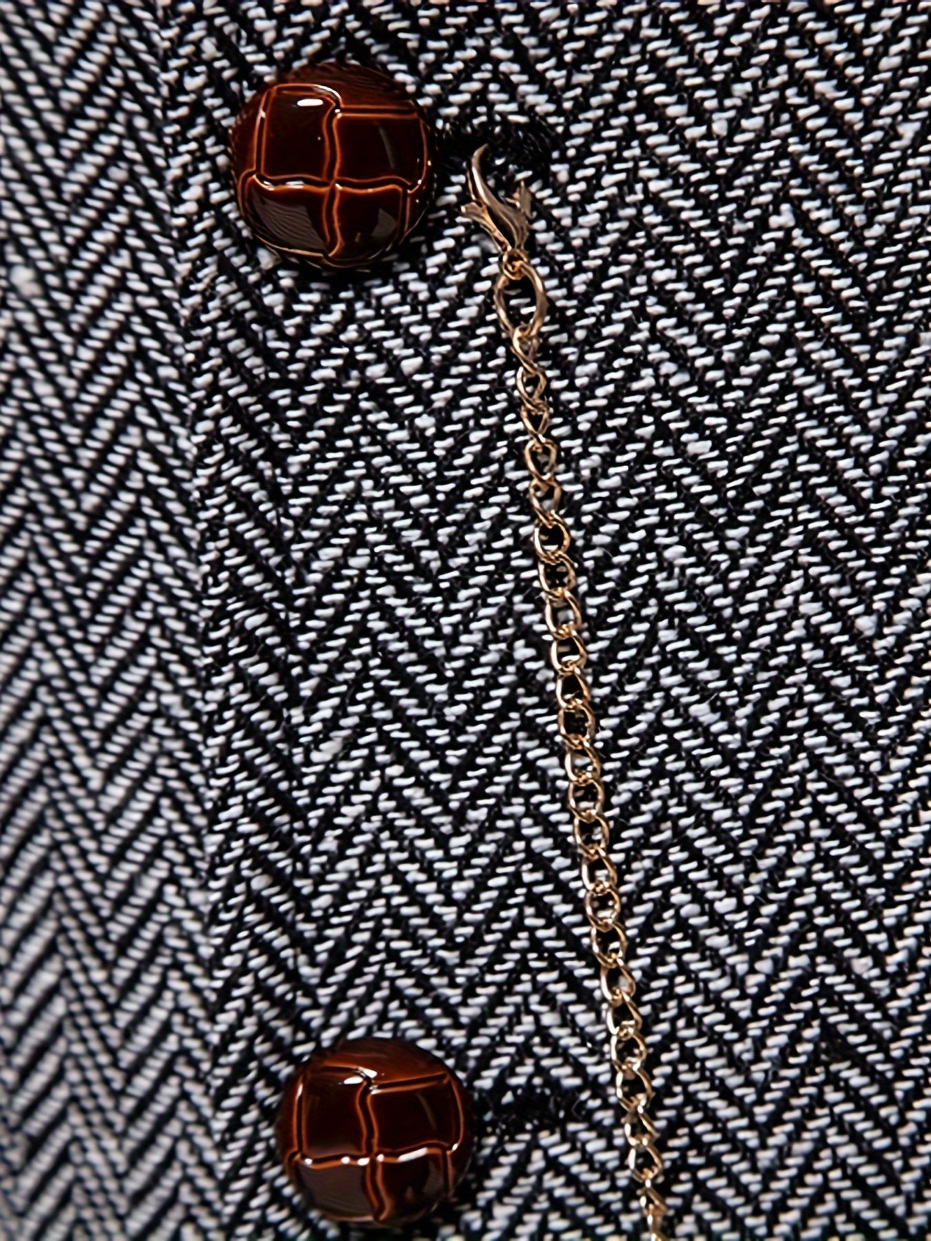 Men's Herringbone Tweed Vest - Single-Breasted Chain Detail Brown