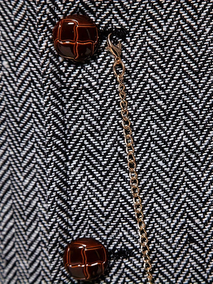 Men's Herringbone Tweed Vest - Single-Breasted Chain Detail Brown