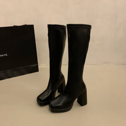 Women's Fashionable Knee-High Boots - Square Toe Block Heel