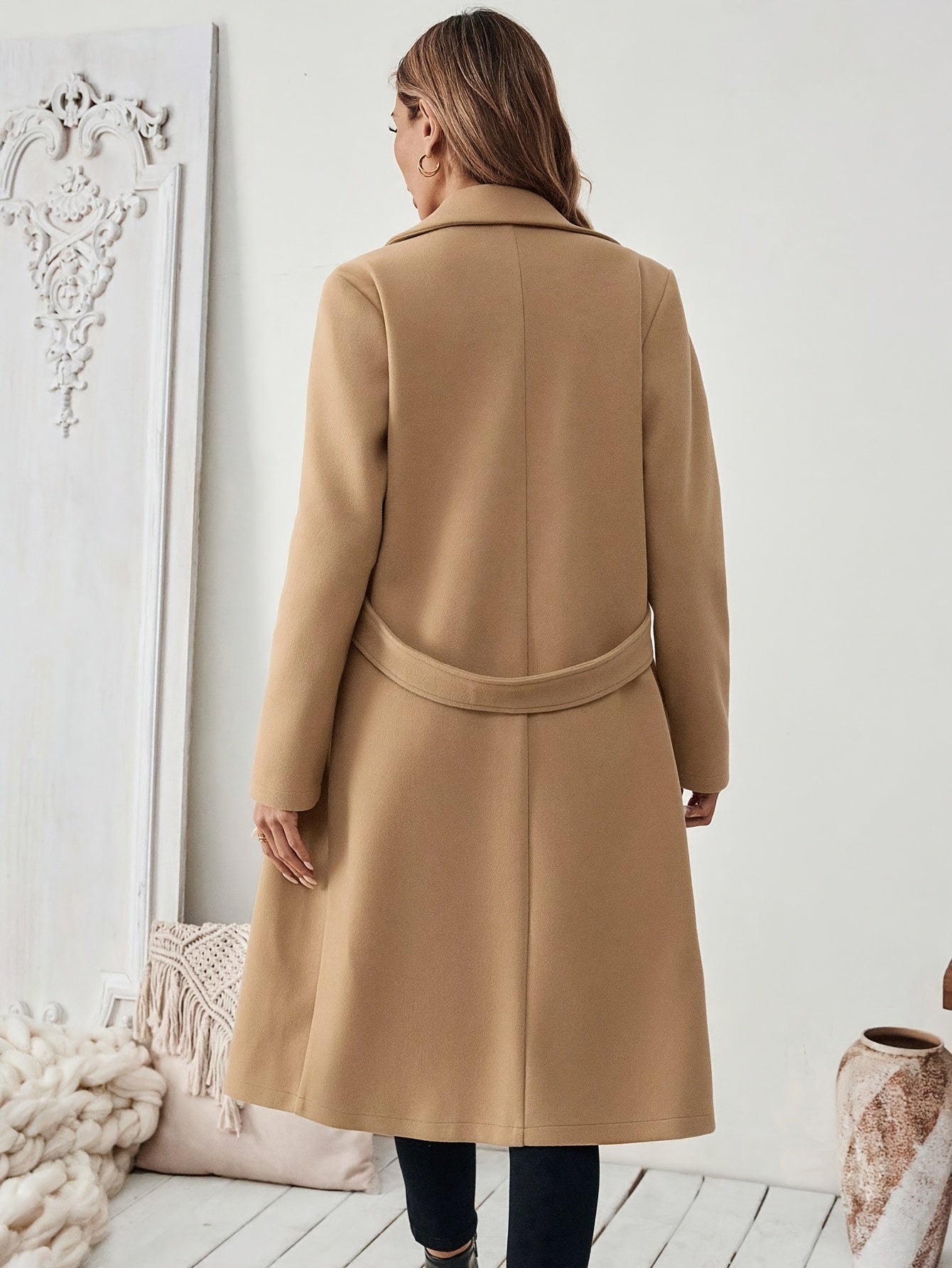 Women's Suit Collar Two-Tone Belted Long Coat - Elegant H-Line