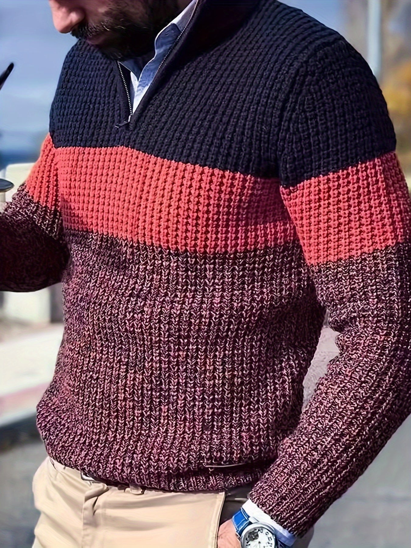 Men's Half-Zip Striped Sweater - Stand Collar Color Block