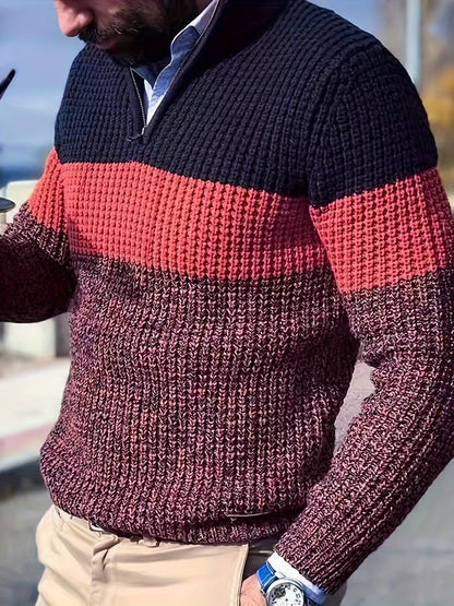 Men's Half-Zip Striped Sweater - Stand Collar Color Block