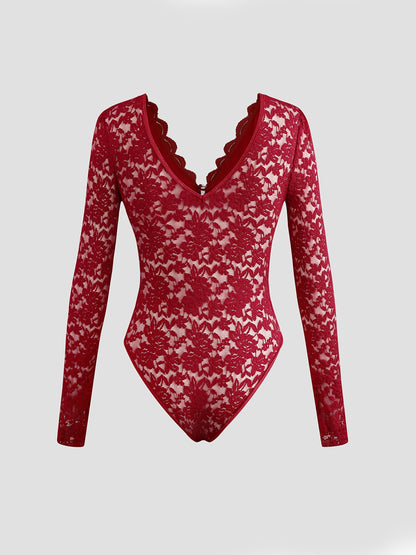 Elegant Burgundy Lace Bodysuit - Long Sleeve Sheer Panel Zipper