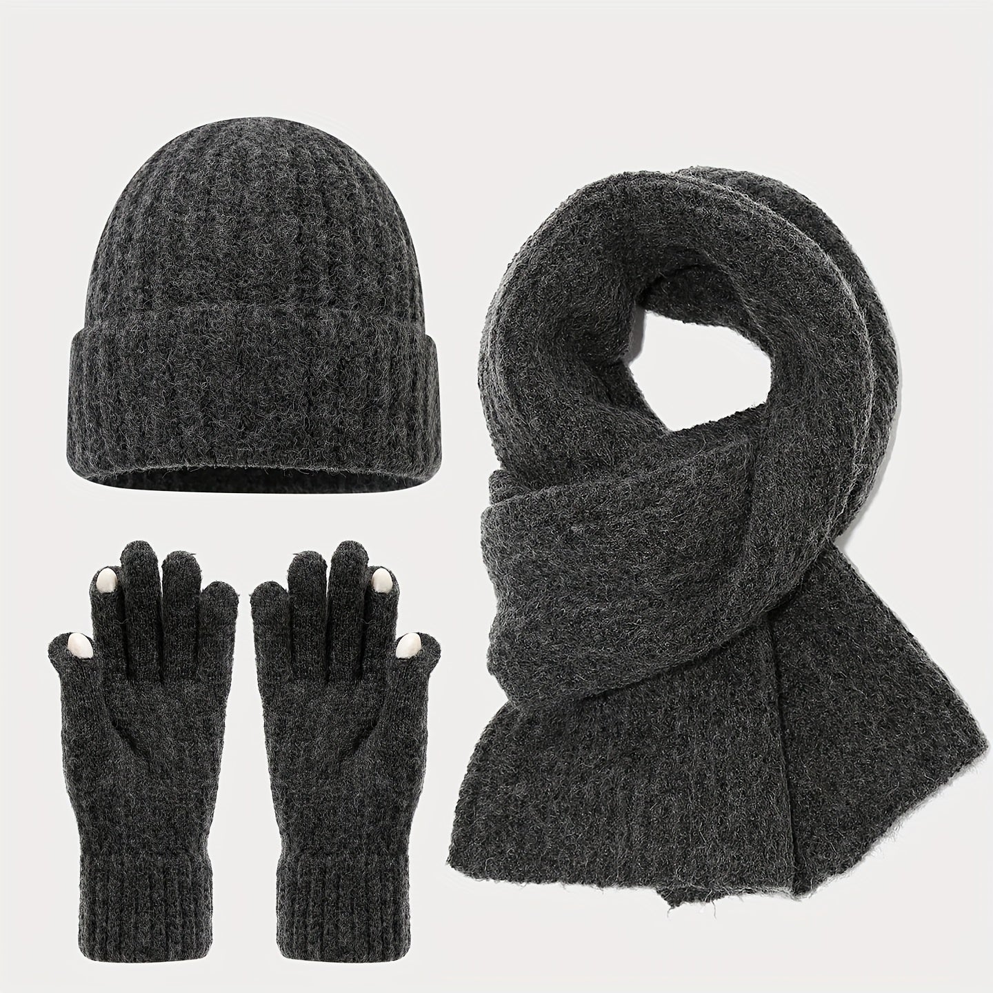 3pcs Winter Set - Beanie Scarf Gloves Touch Screen Unisex