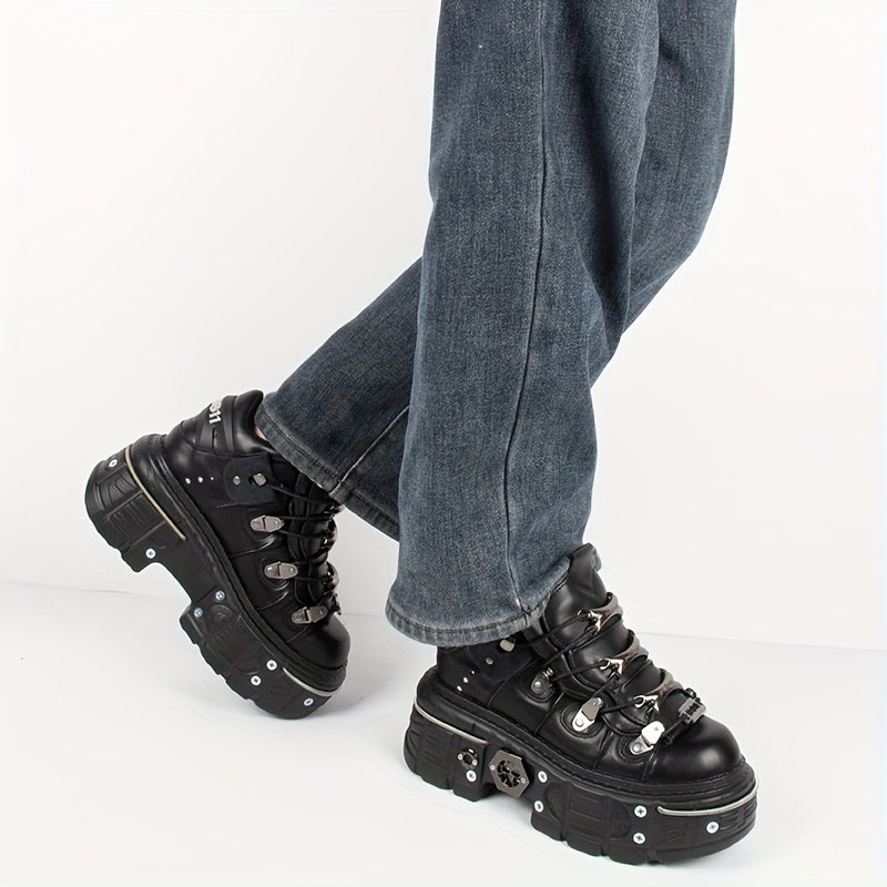 Women's Black Punk Platform Sneakers - High Heel Metal Decor Y2K