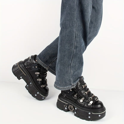 Women's Black Punk Platform Sneakers - High Heel Metal Decor Y2K