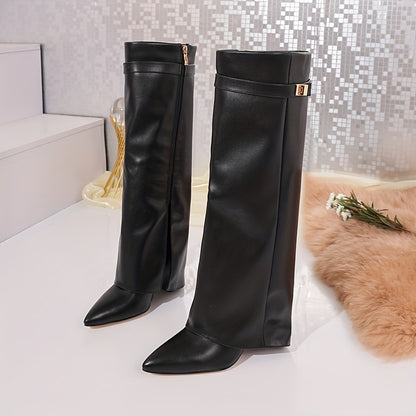 Women's Chunky Platform Boots - Slip-On Black Pointed Toe