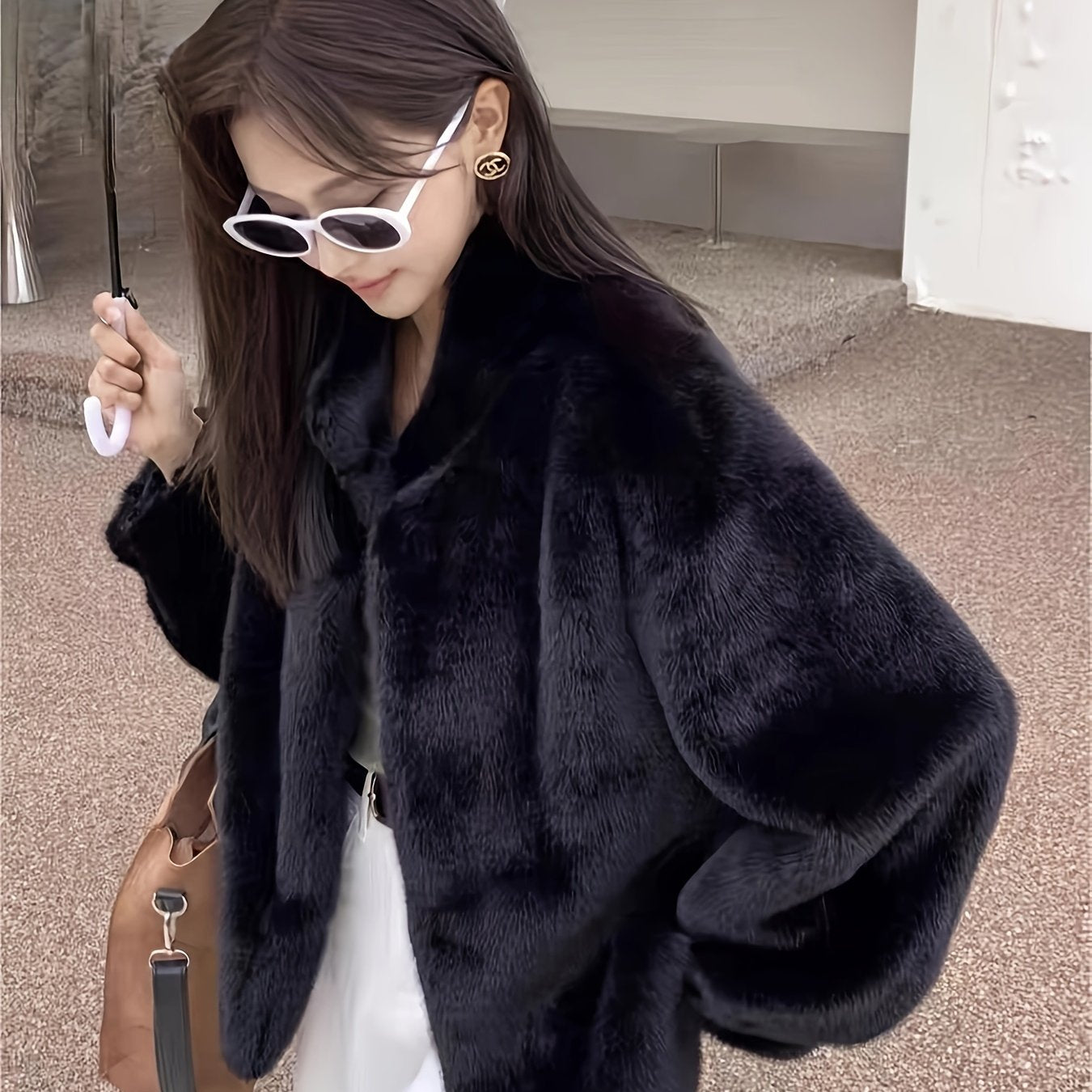 Faux Fur Open Front Fuzzy Coat, Elegant Long Sleeve Warm Outerwear For Fall & Winter, Women's Clothing