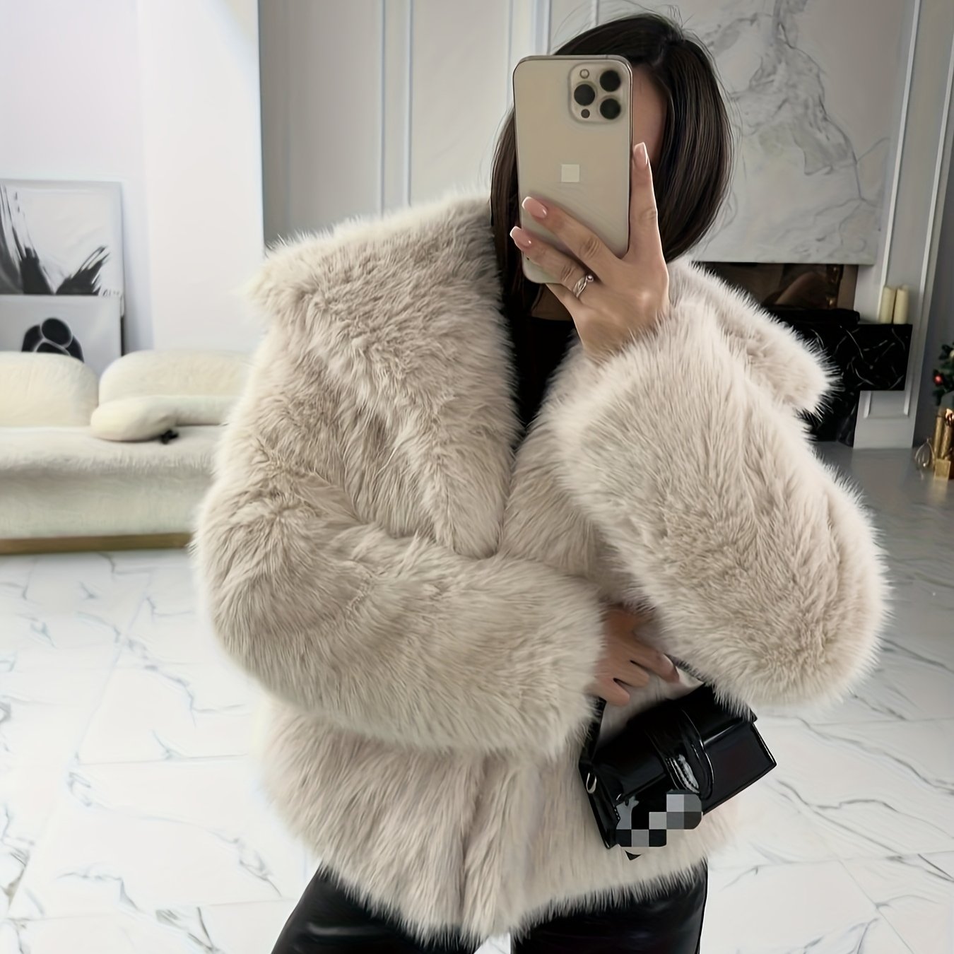 Women's Elegant V-Neck Faux Fur Coat - Solid Color Winter