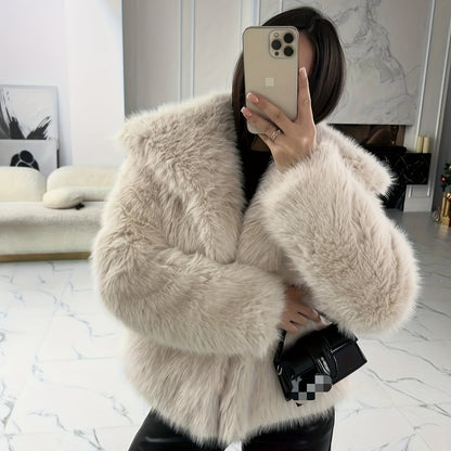 Women's Elegant V-Neck Faux Fur Coat - Solid Color Winter