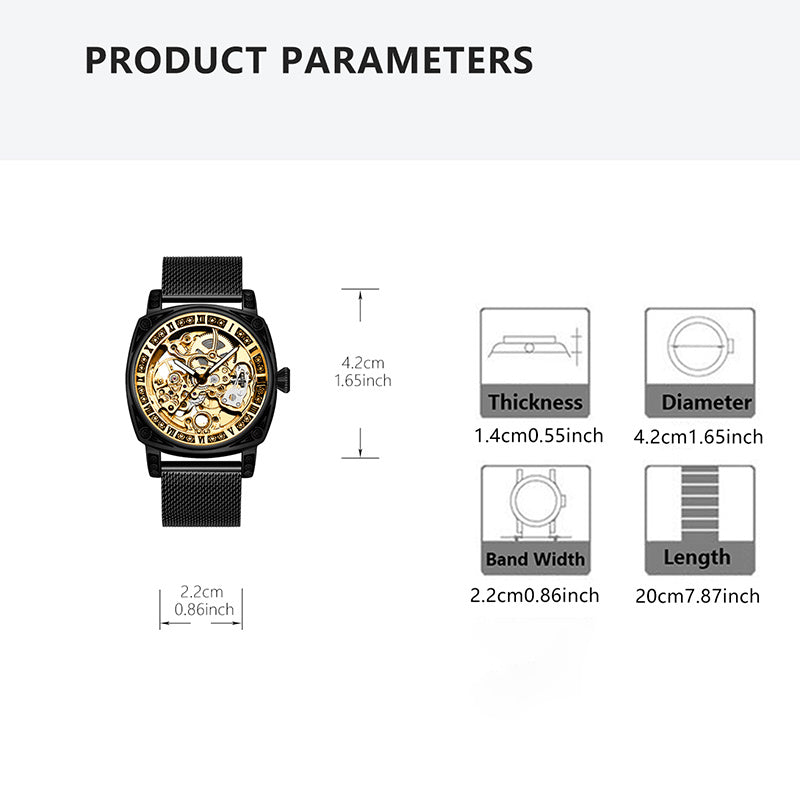 Auréline Automatic Hollow Mechanical Watch - Yellow Black Mesh