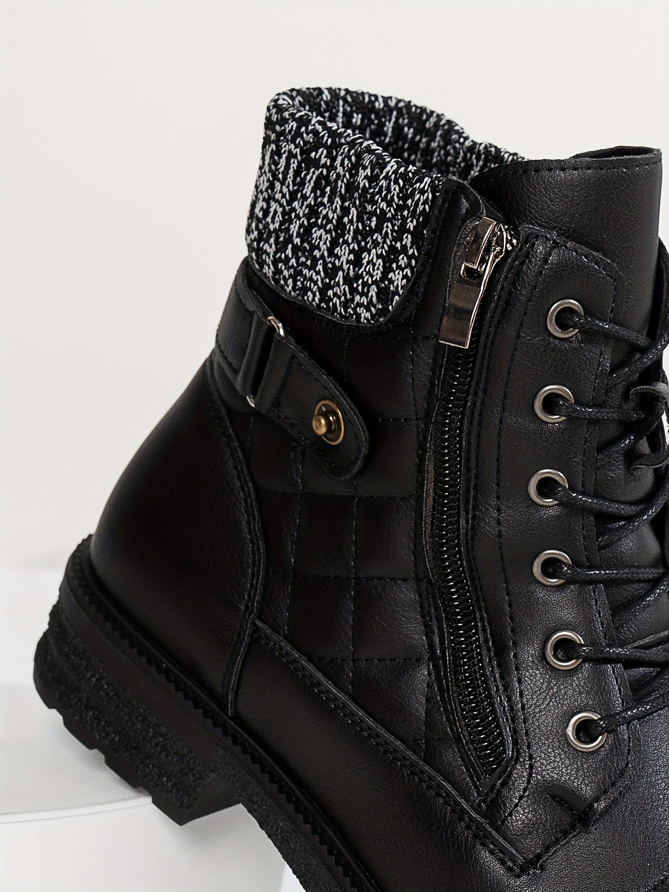 Women's Boots - Chunky Heel Lace-Up Side Zipper