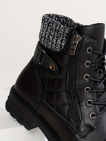 Women's Boots - Chunky Heel Lace-Up Side Zipper