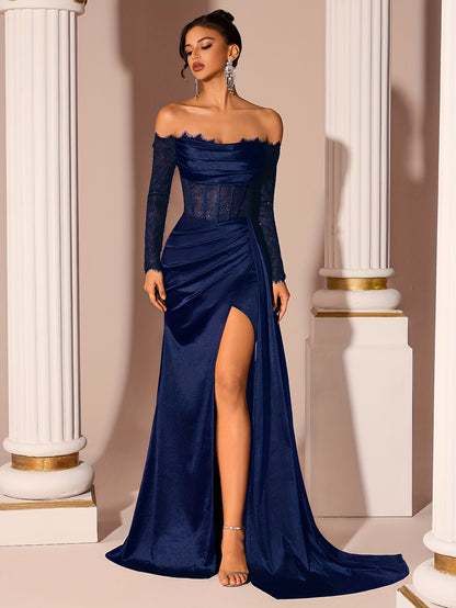 Women's Elegant Off-Shoulder Lace Gown Dress - Slit Back Tie