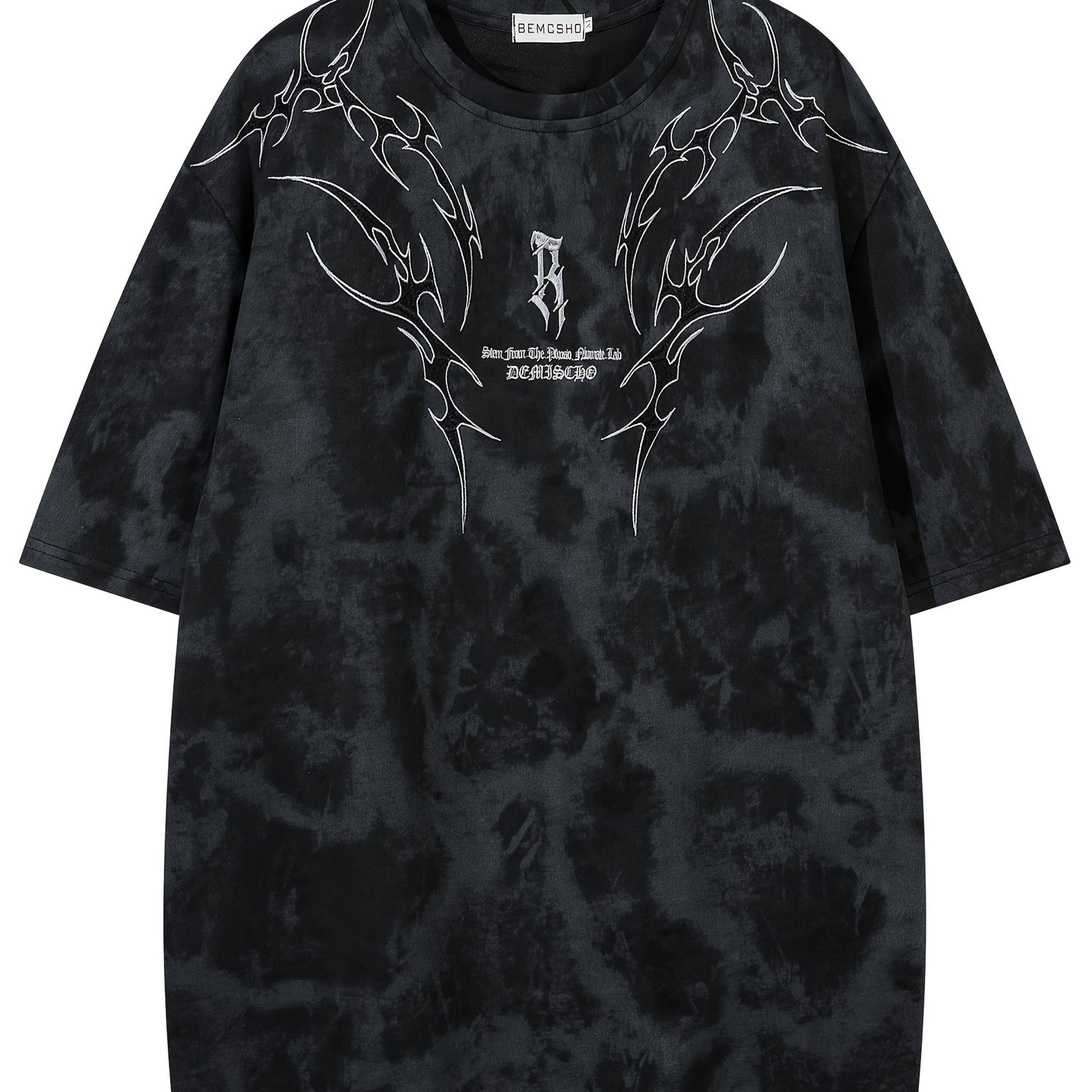 Men's Vintage Tie-Dye T-Shirt - Letter Embroidery Crew Neck