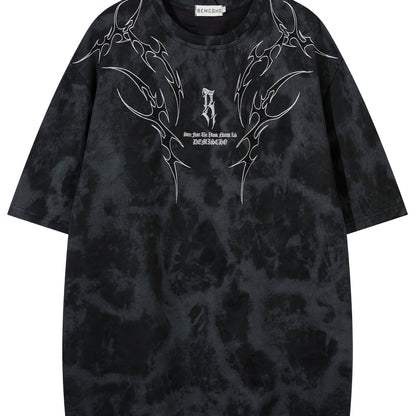 Men's Vintage Tie-Dye T-Shirt - Letter Embroidery Crew Neck