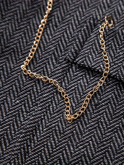 Men's Herringbone Tweed Vest - Single-Breasted Chain Detail Brown