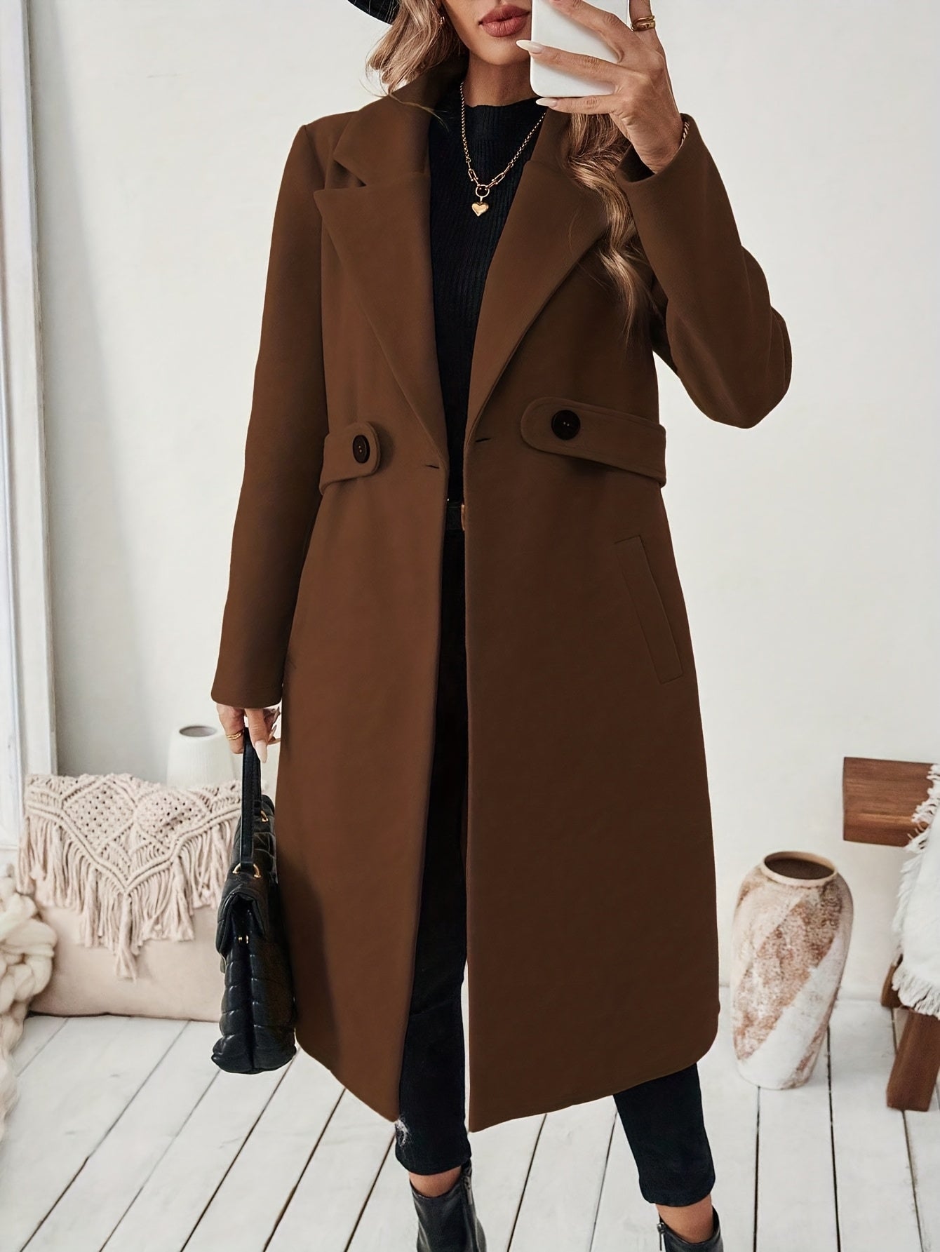 Women's Suit Collar Two-Tone Belted Long Coat - Elegant H-Line