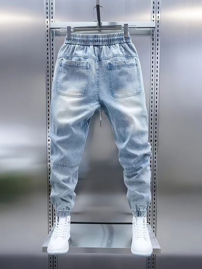 Men'S Four-Season Patchwork Cuffed Casual Jeans in Light Blue.
