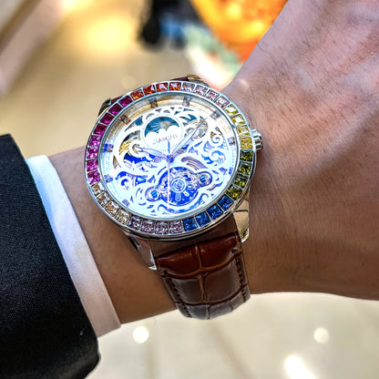 Jianni Men's Luxury Automatic Tourbillon Watch - Moon Sun Phases