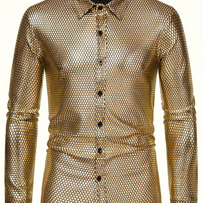 Men's 70s Disco Outfit - Diamond Foil Print Button-Up Shirt