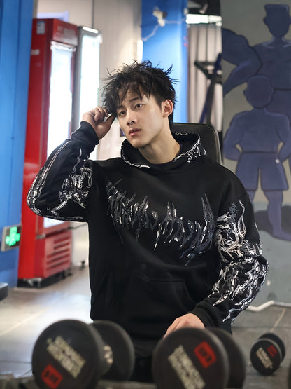 Men's Striped Graphic Print Hoodie - Loose Fit with Kangaroo Pocket