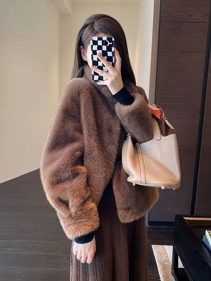 Faux Fur Open Front Fuzzy Coat, Elegant Long Sleeve Warm Outerwear For Fall & Winter, Women's Clothing