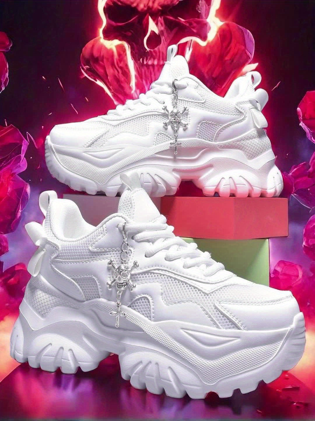 Women's 7cm Height-Increasing Fashion Casual Sneakers with Halloween Elements 3D Cross Skull Metal Shiny Pendant Chain Accessory, Dark Style Women's Outdoor All Seasons EVA Thick Platform High Waterline Lightweight Soft Botto