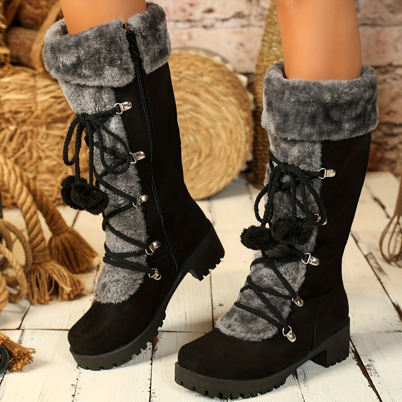 Women's Elegant Winter Faux Fur-Lined Boots - Pom-Pom