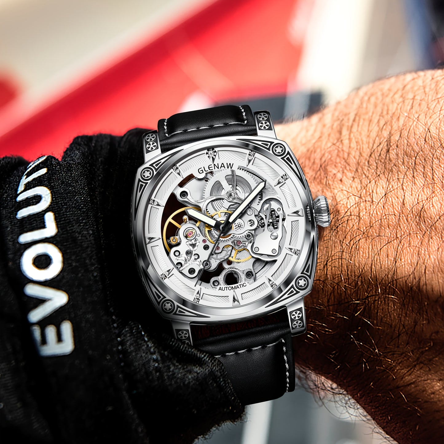 GLENAW Men's Hollow Automatic Watch - Rhinestone Dial Mechanical