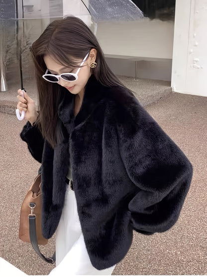 Faux Fur Open Front Fuzzy Coat, Elegant Long Sleeve Warm Outerwear For Fall & Winter, Women's Clothing