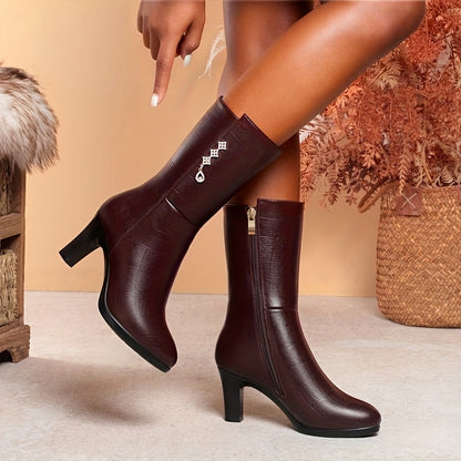 Women's Fleece-Lined Mid-Calf Boots - Rhinestone