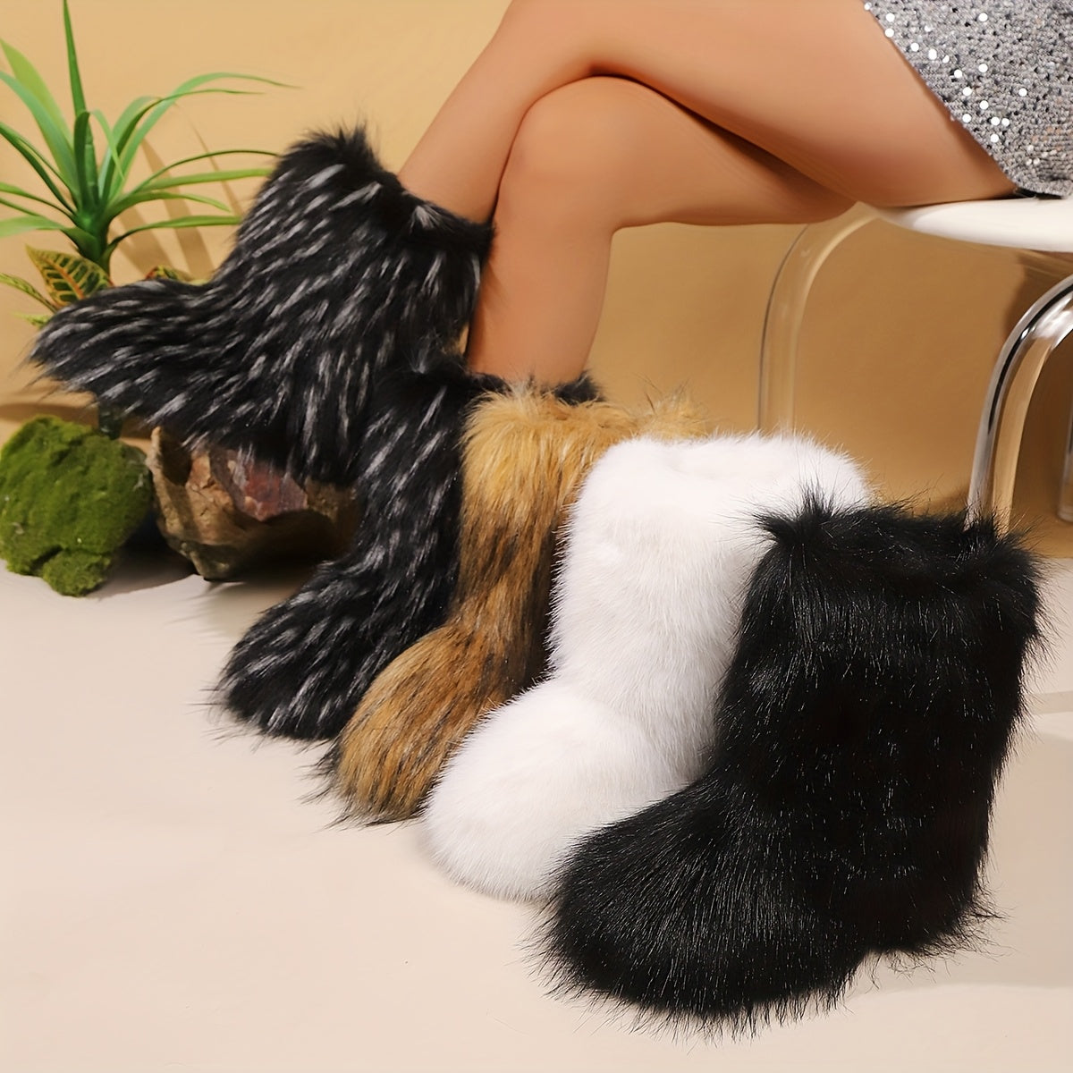 Women's Slip-On Mid-Calf Boots - Plush Faux Fur Lining Winter