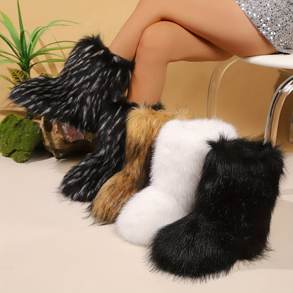 Women's Slip-On Mid-Calf Boots - Plush Faux Fur Lining Winter