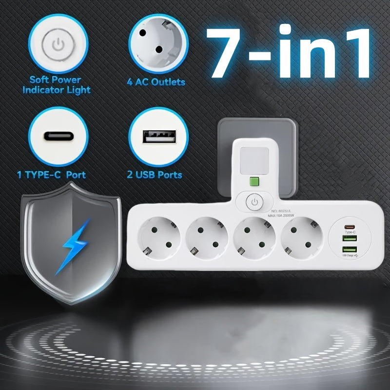 EU Plug Power Strip - 4 Sockets 2 USB Ports Night Light