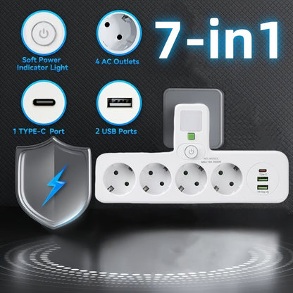 EU Plug Power Strip - 4 Sockets 2 USB Ports Night Light