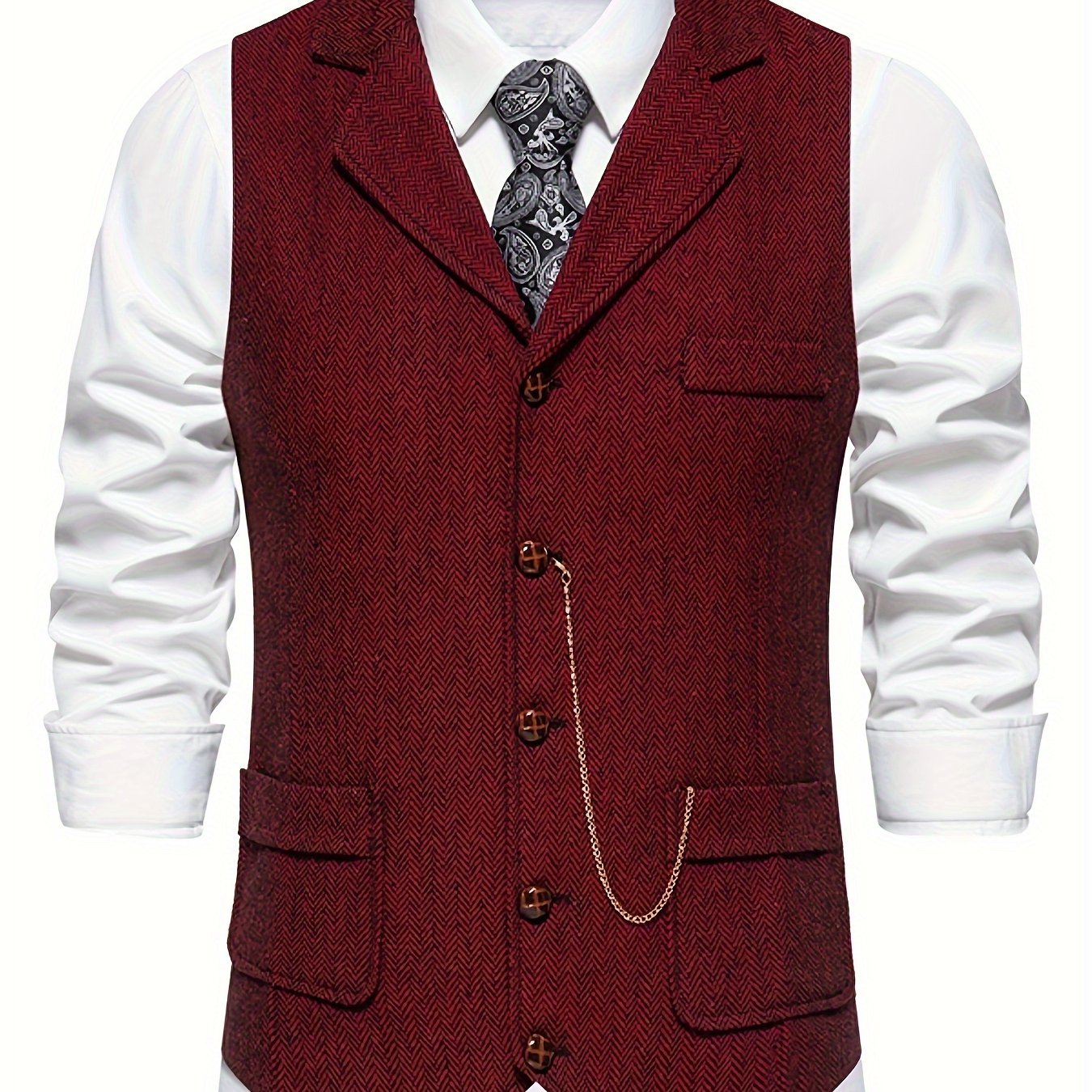 Men's Herringbone Tweed Vest - Single-Breasted Chain Detail Brown